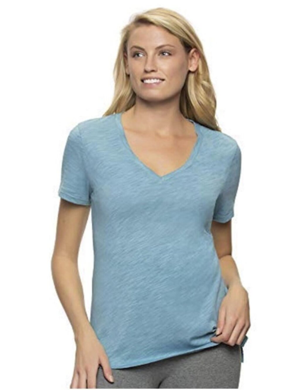 Felina Ladies' New V-Neck Slub Tee Relaxed Fit Short Sleeve T-Shirt Blue